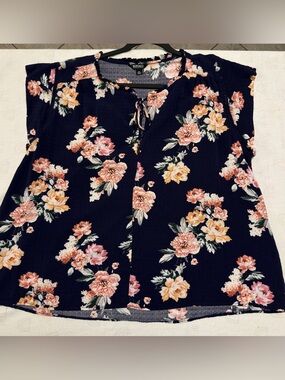 Buffalo David Bitton Navy Floral Keyhole Tie Blouse